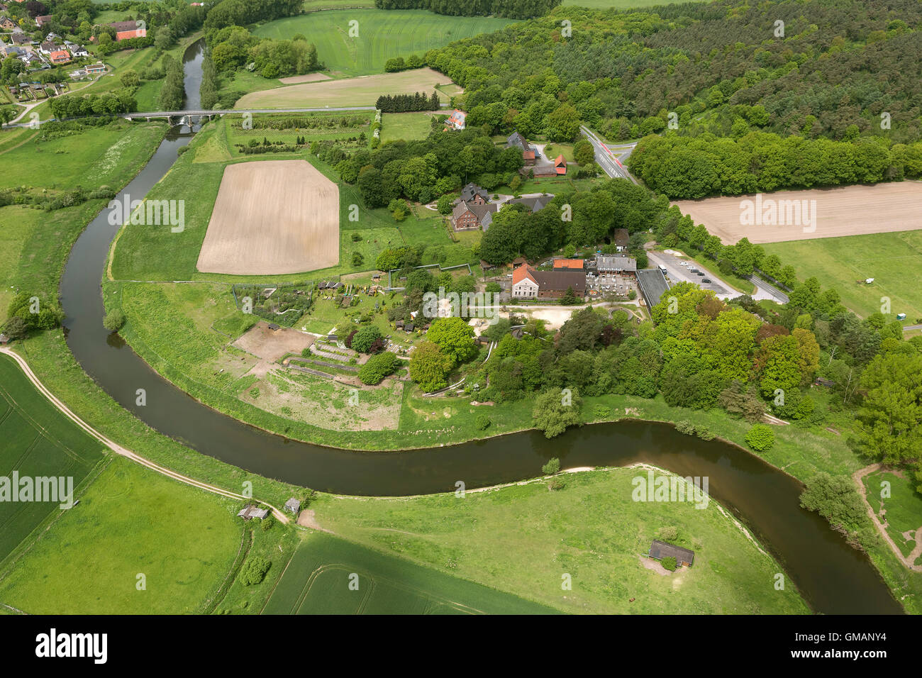 Luftaufnahme, Freizeitpark Gut Eversum auf der Lippe, Lippemäander, Lippeauen, Luftaufnahme von pflegt Stadtgrenze Datteln Ahsen, Stockfoto