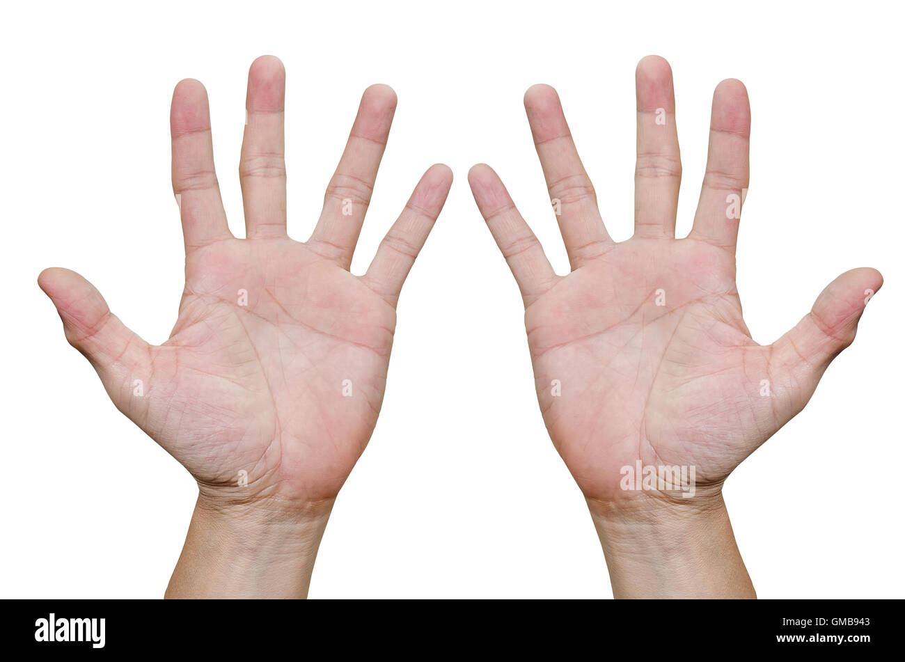Zwei menschliche Hände isoliert auf weißem Hintergrund. Stockfoto