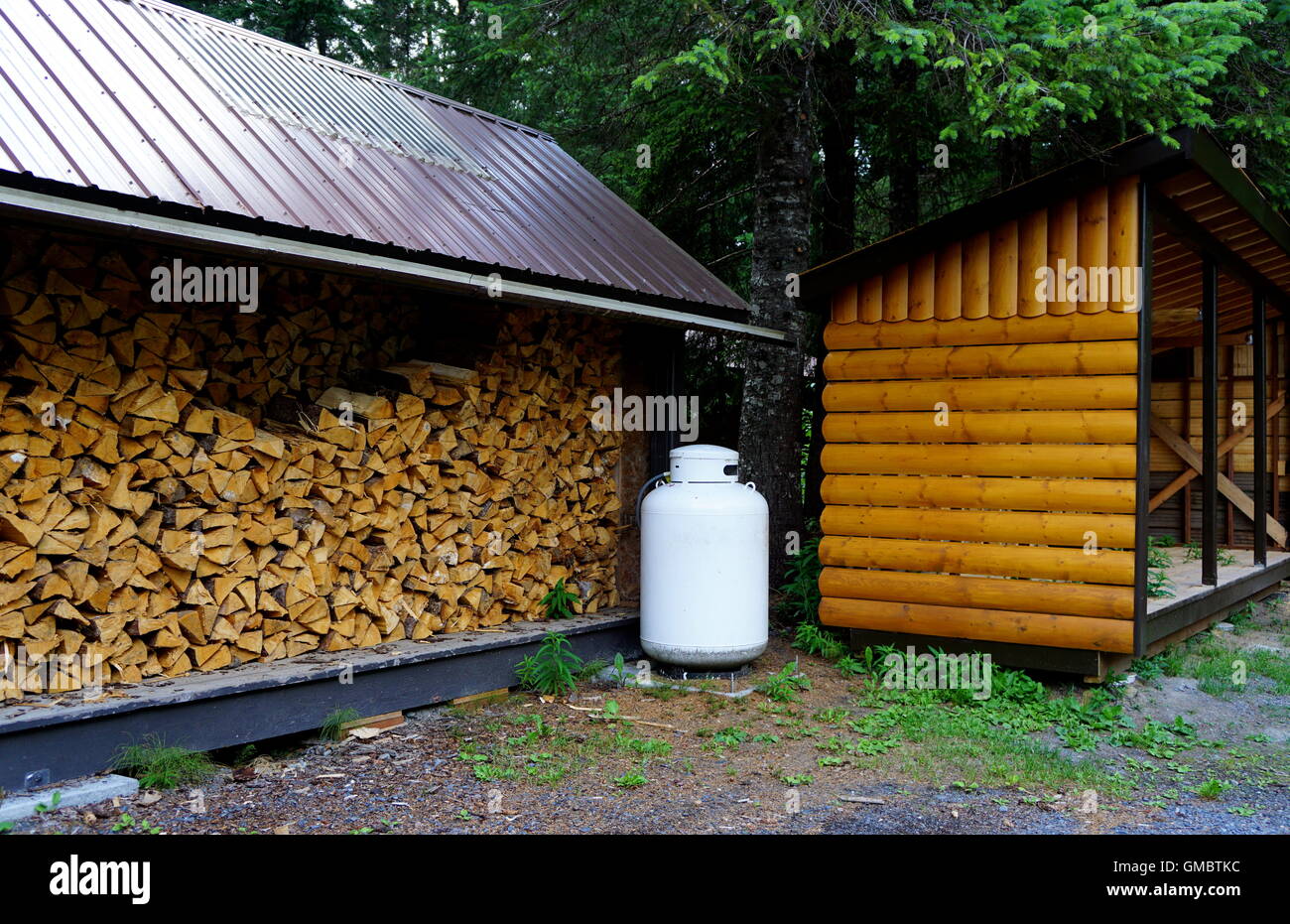 Zwei Quellen von Brennstoffen, erneuerbare und nicht erneuerbare (gehacktes Holz im Vergleich zu Gas), werden im Stoney Creek Inn, Seward, Alaska, angezeigt Stockfoto