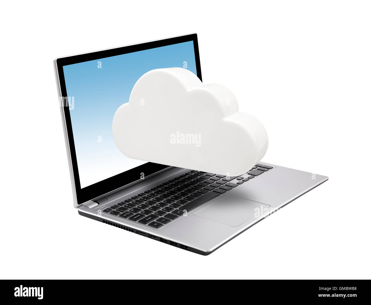 Laptop mit Cloud isoliert auf weiss. Cloud-computing-Netzwerk-Konzept. Stockfoto