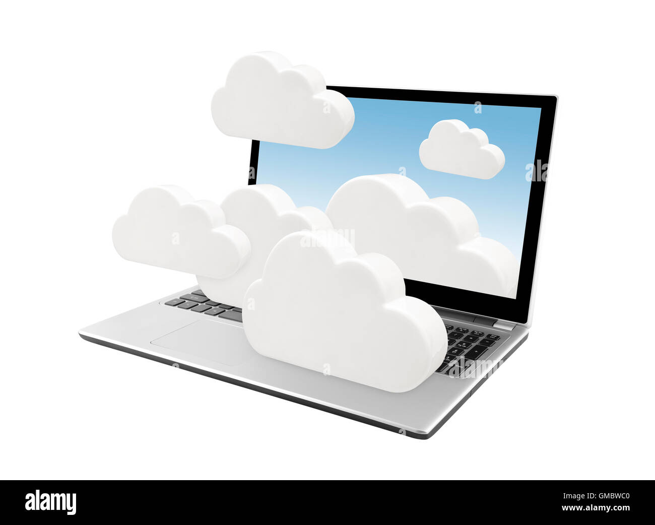 Laptop mit Wolken isoliert auf weiss. Cloud-computing-Netzwerk-Konzept. Stockfoto