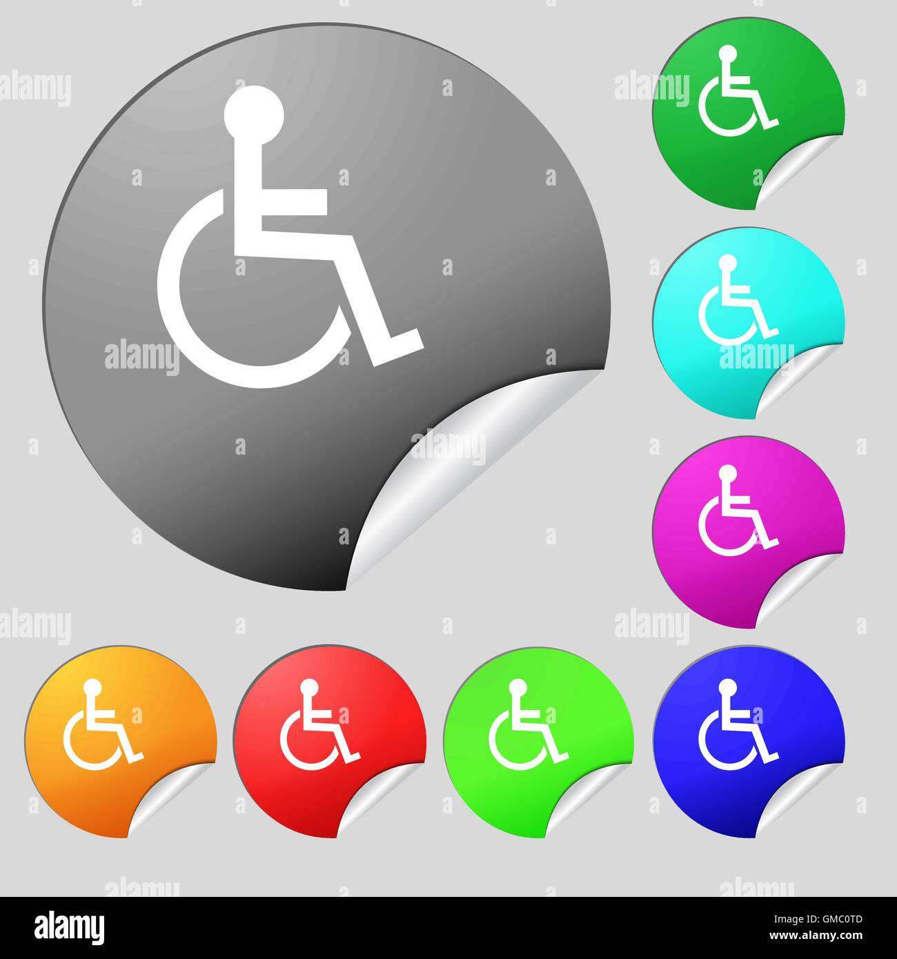 Deaktiviert zeichen Symbol. Menschen auf der Rollstuhl Symbol. Behinderte ungültige Zeichen. Satz von acht Bunten runde Buttons, Aufkleber. Vektor Stock Vektor