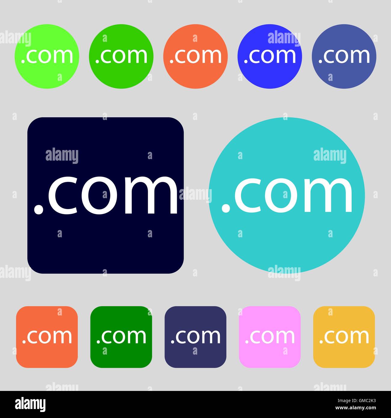 Die Domain COM-Schild-Symbol. Top-Level-Internet-Domain-Symbol. 12 farbige Tasten. Flaches Design. Vektor Stock Vektor