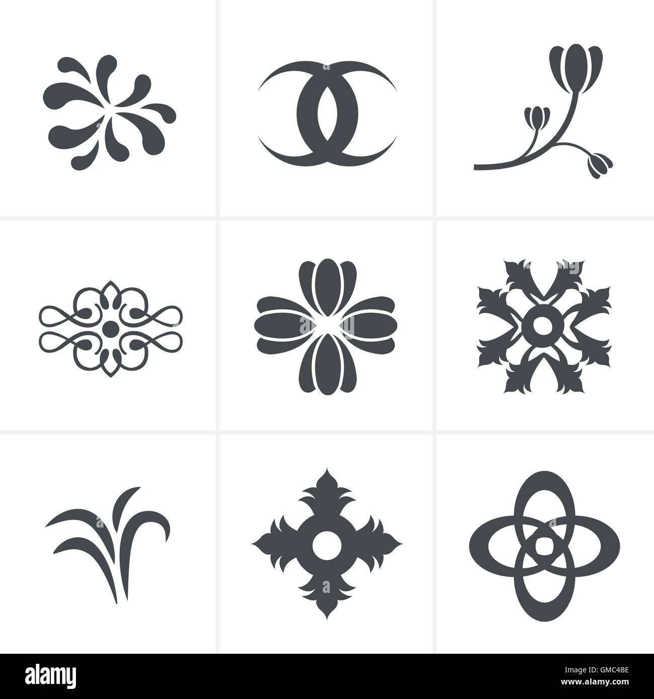 Legen Sie handgezeichnete schwarze Silhouetten Blumen Icons Set, Vektor-Desig Stock Vektor