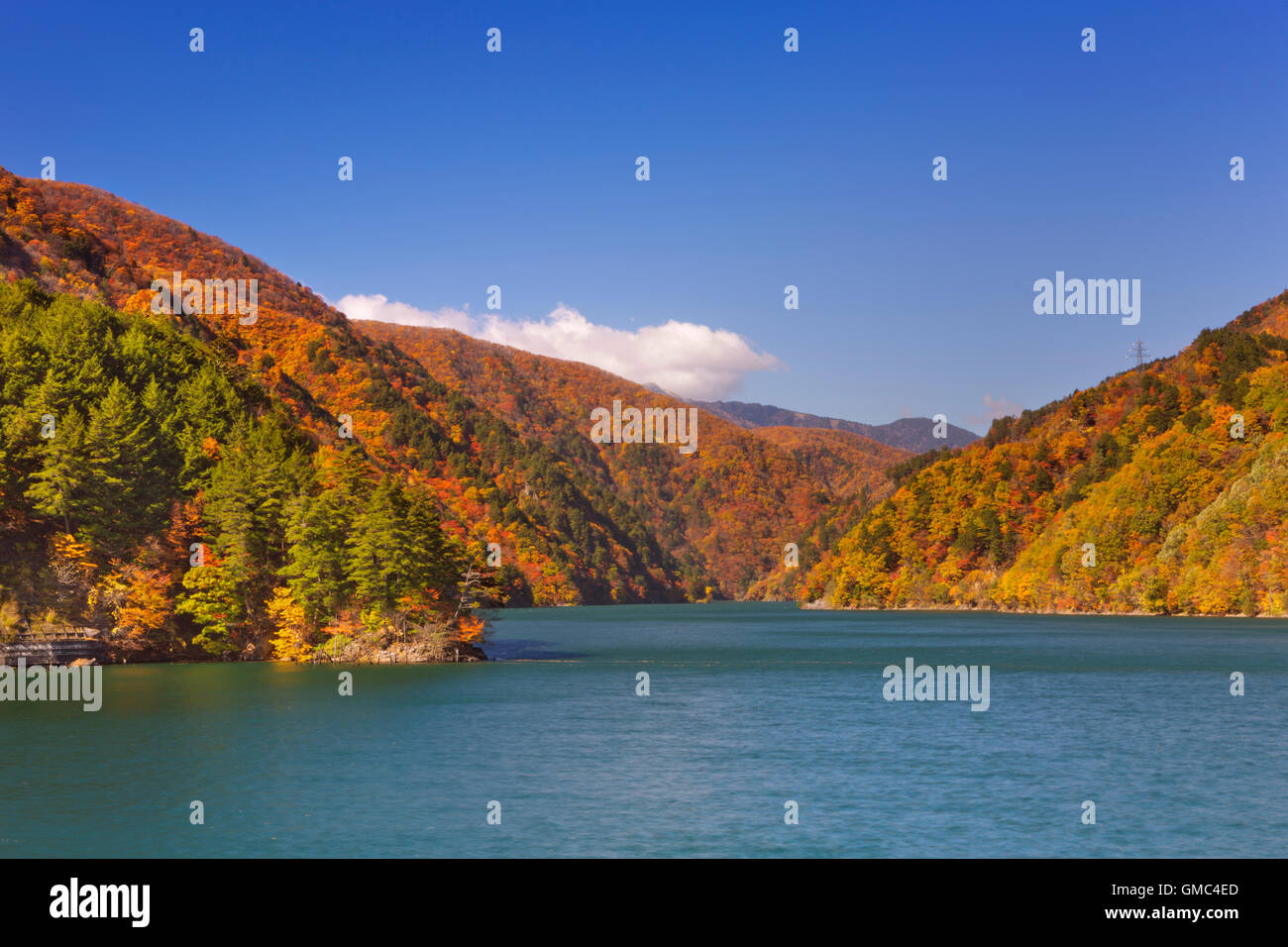 Leuchtenden Herbstfarben entlang des Azusa-Sees in den nördlichen japanischen Alpen. Stockfoto