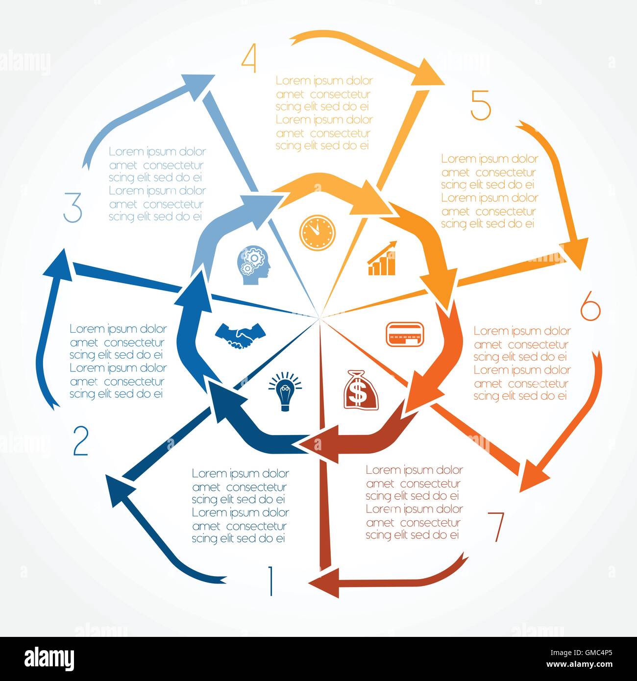 Farbe-Pfeile-Infografik für sieben Positionen möglich, verwenden Sie für Workflow, Banner, Diagramm, Webdesign, Timeline, Flächendiagramm Stock Vektor