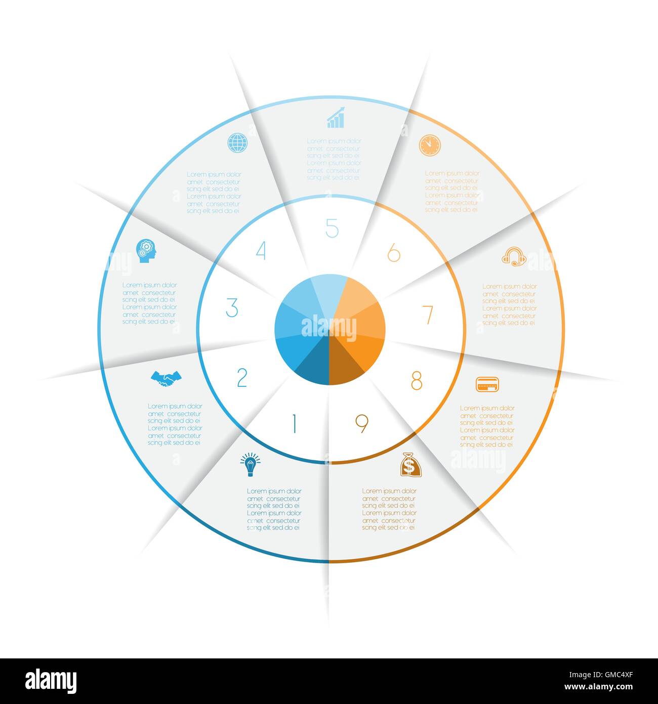 Ring aus farbigen Linien Infografik, eignet sich für Workflow-Layout, Grafik, Webdesign, neun Optionen, Schritte, Textbereich Stock Vektor