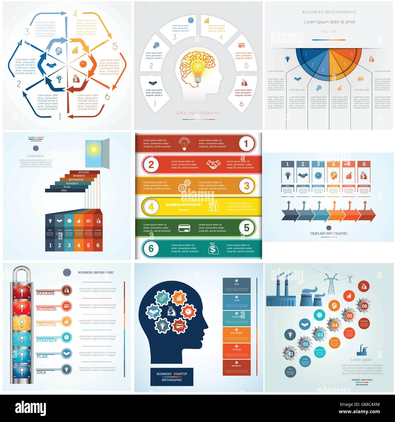Festlegen Sie 9 Vorlagen Infografiken konzeptionelle zyklische Geschäftsprozesse für sechs Positionen Textbereich Stock Vektor