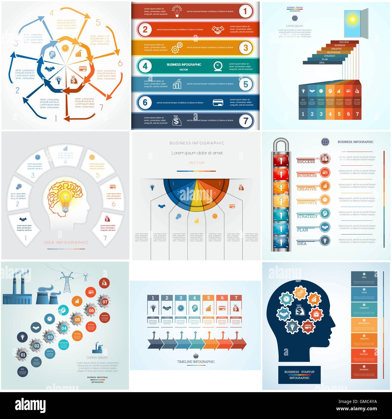 Festlegen Sie 9 Vorlagen Infografiken konzeptionelle zyklische Geschäftsprozesse für sieben Positionen Textbereich Stock Vektor