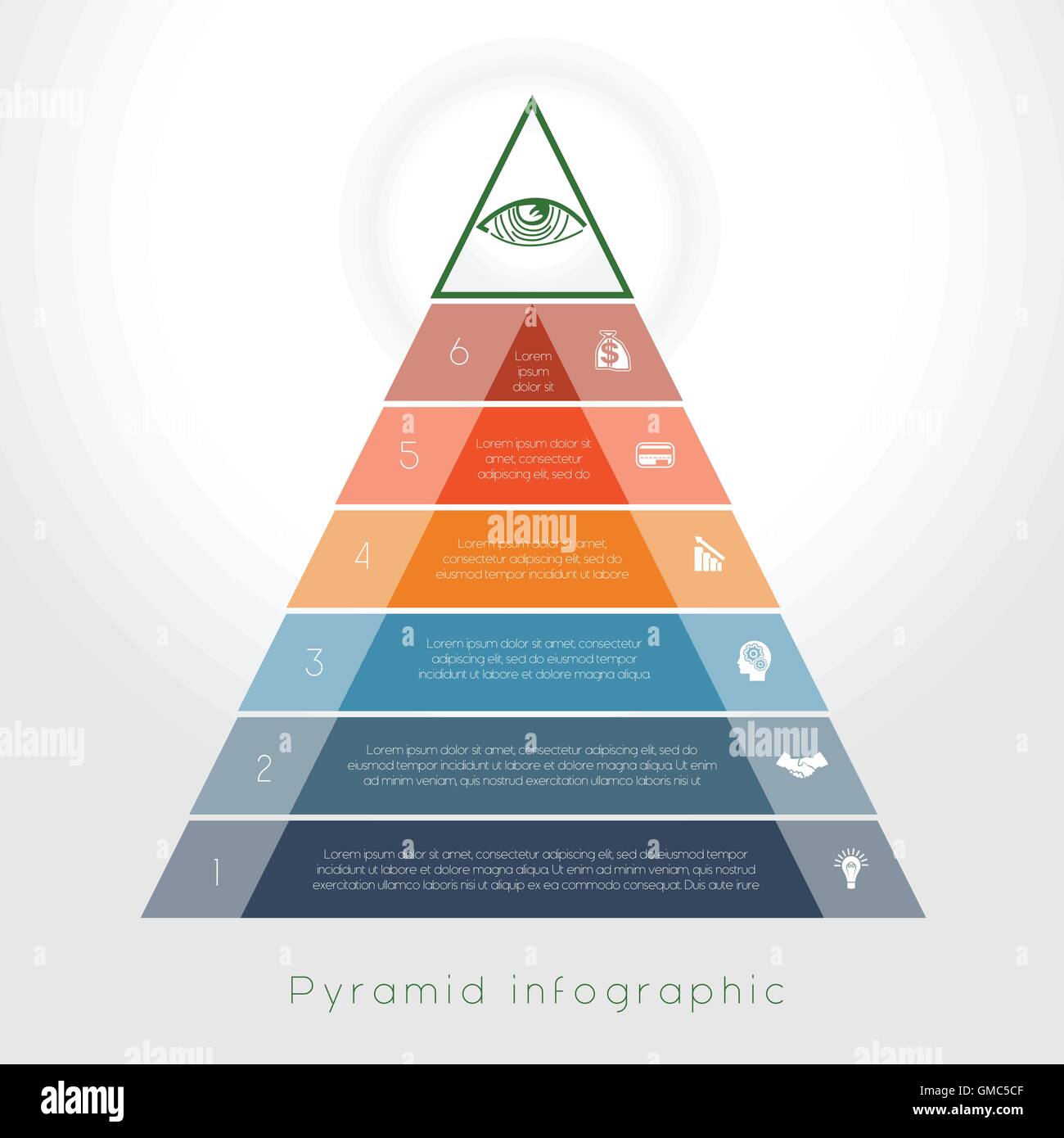 Vorlage Infografik Business Prozess bunte Pyramide für sechs Textbereich Stock Vektor