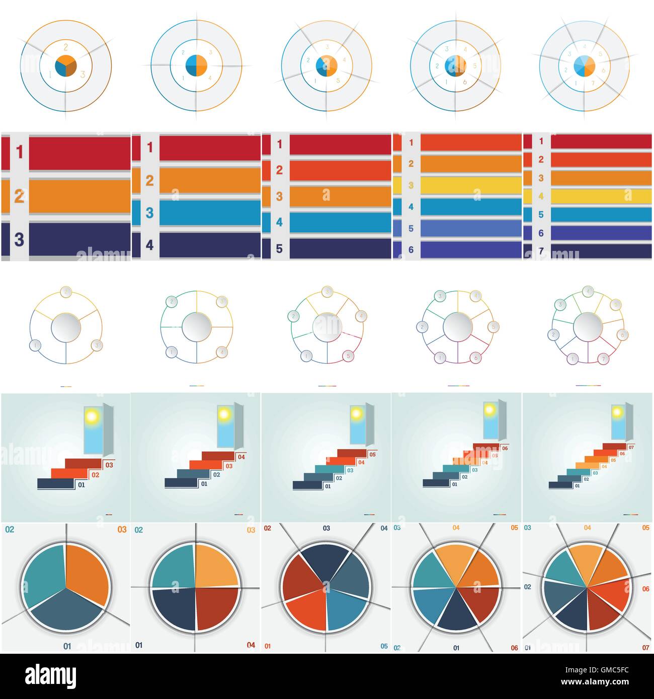 Vektoren 25 Vorlagen für Infografiken mit Textbereich auf 3,4,5,6,7 Position möglich ist, verwenden Sie für Workflow, Banner, Grafik, Web d Stock Vektor