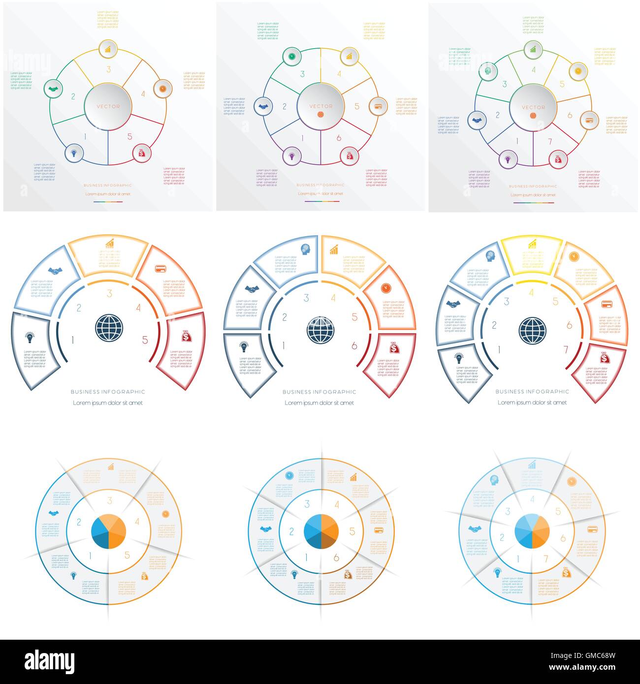 Vorlagen für Infografiken konzeptionelle zyklische Geschäftsprozesse, fünf, sechs und sieben Positionen für Textbereich Stock Vektor