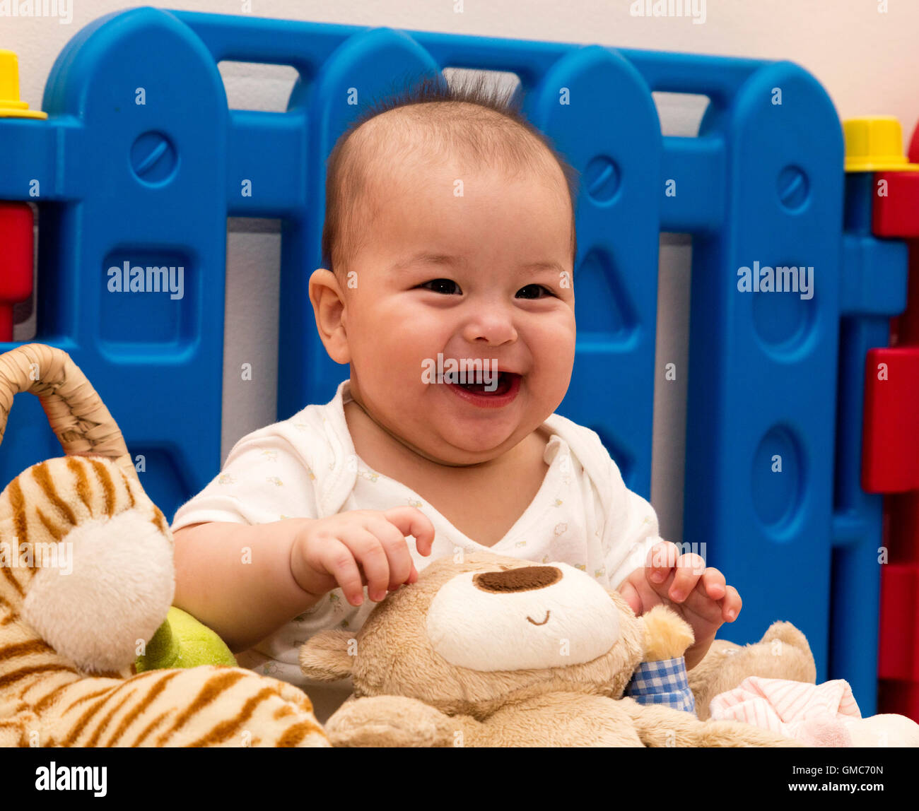 glückliches Baby in Korb im Laufstall umgeben von Spielzeug Stockfoto