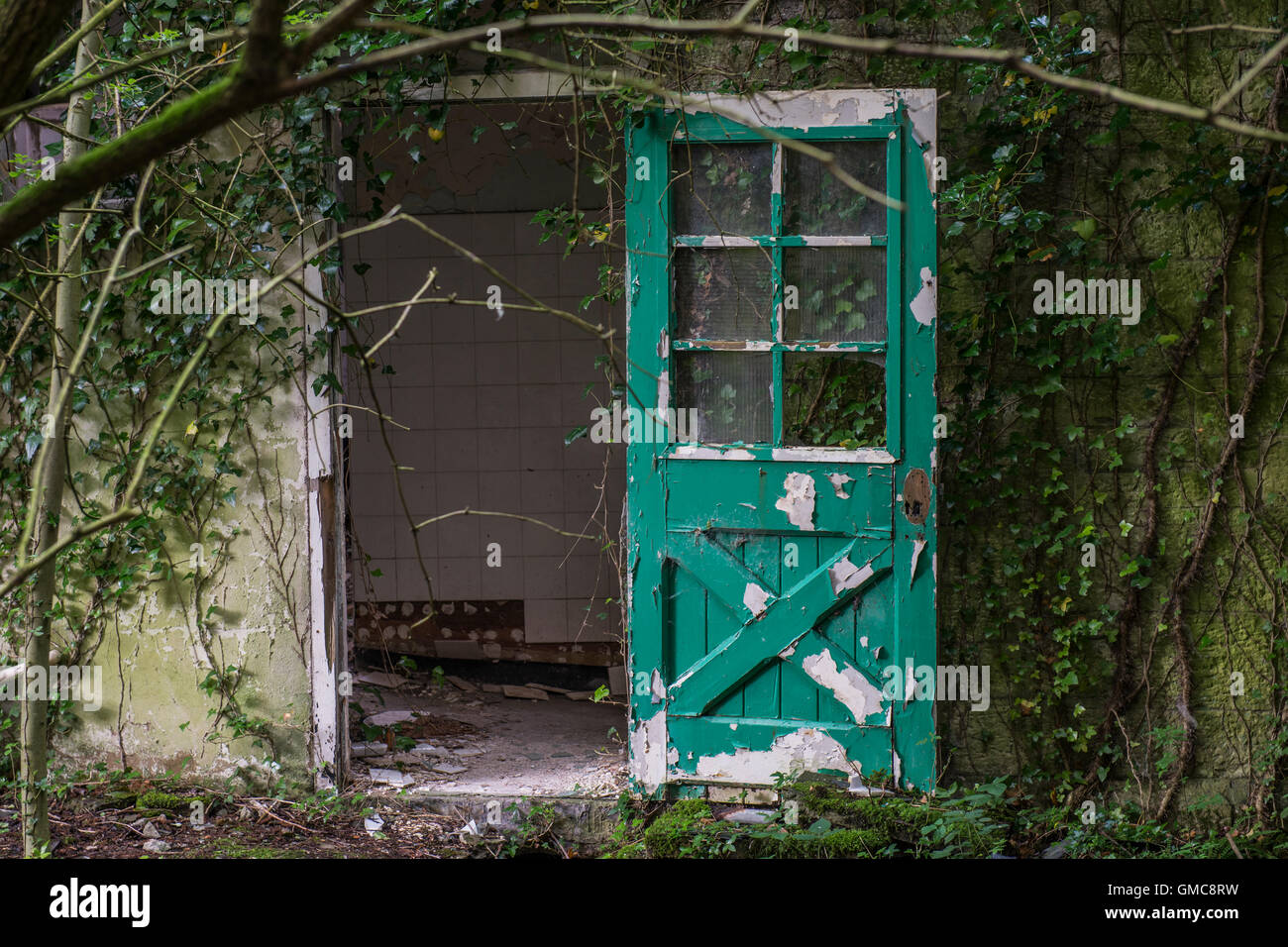 Offene Tür mit verwilderten Pflanzen in Denbigh Asyl, Denbigh, Denbighshire, Wales, UK Stockfoto