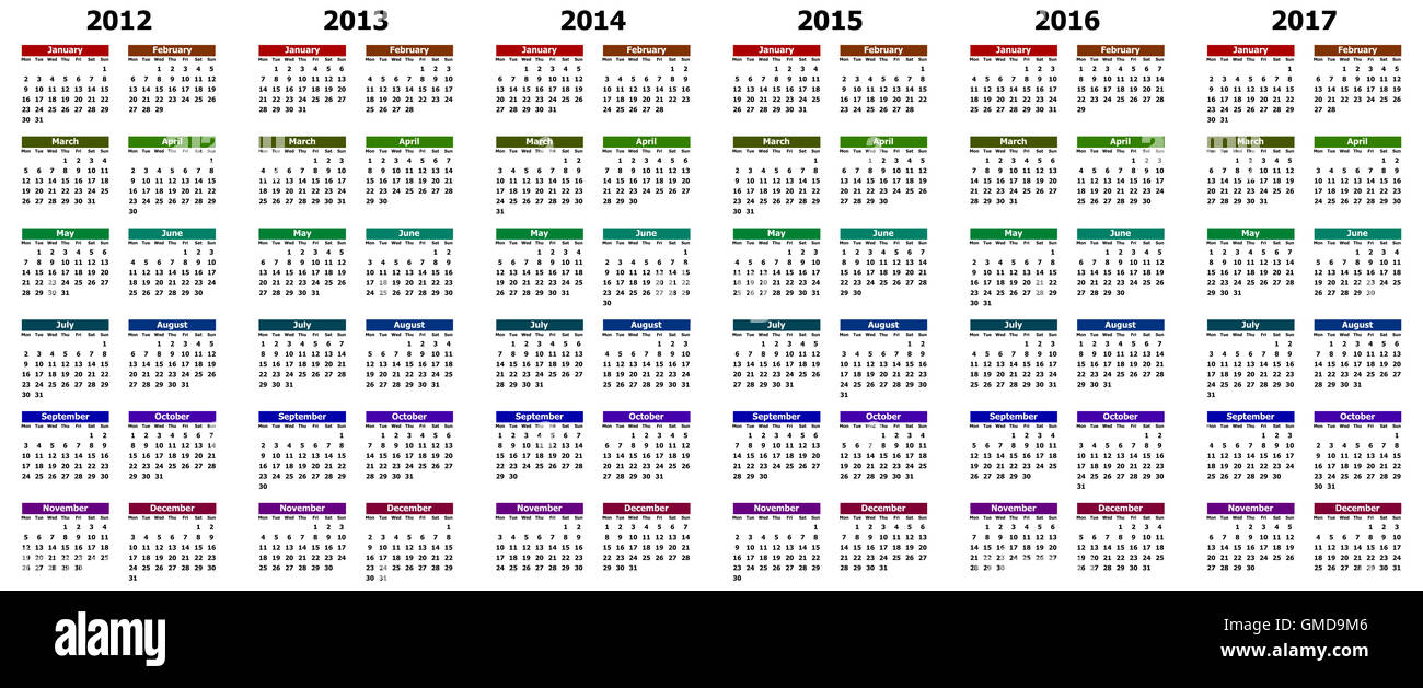 bunten Kalender für die Jahre 2012-2017 Stockfotografie - Alamy