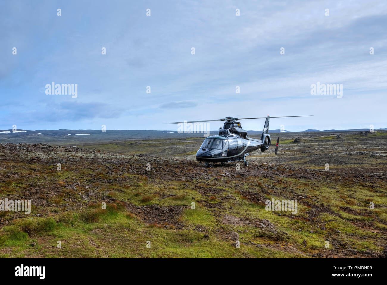 Helikopterrundflug in Strompahraun Lavafeld, Reykjavik, Island Stockfoto