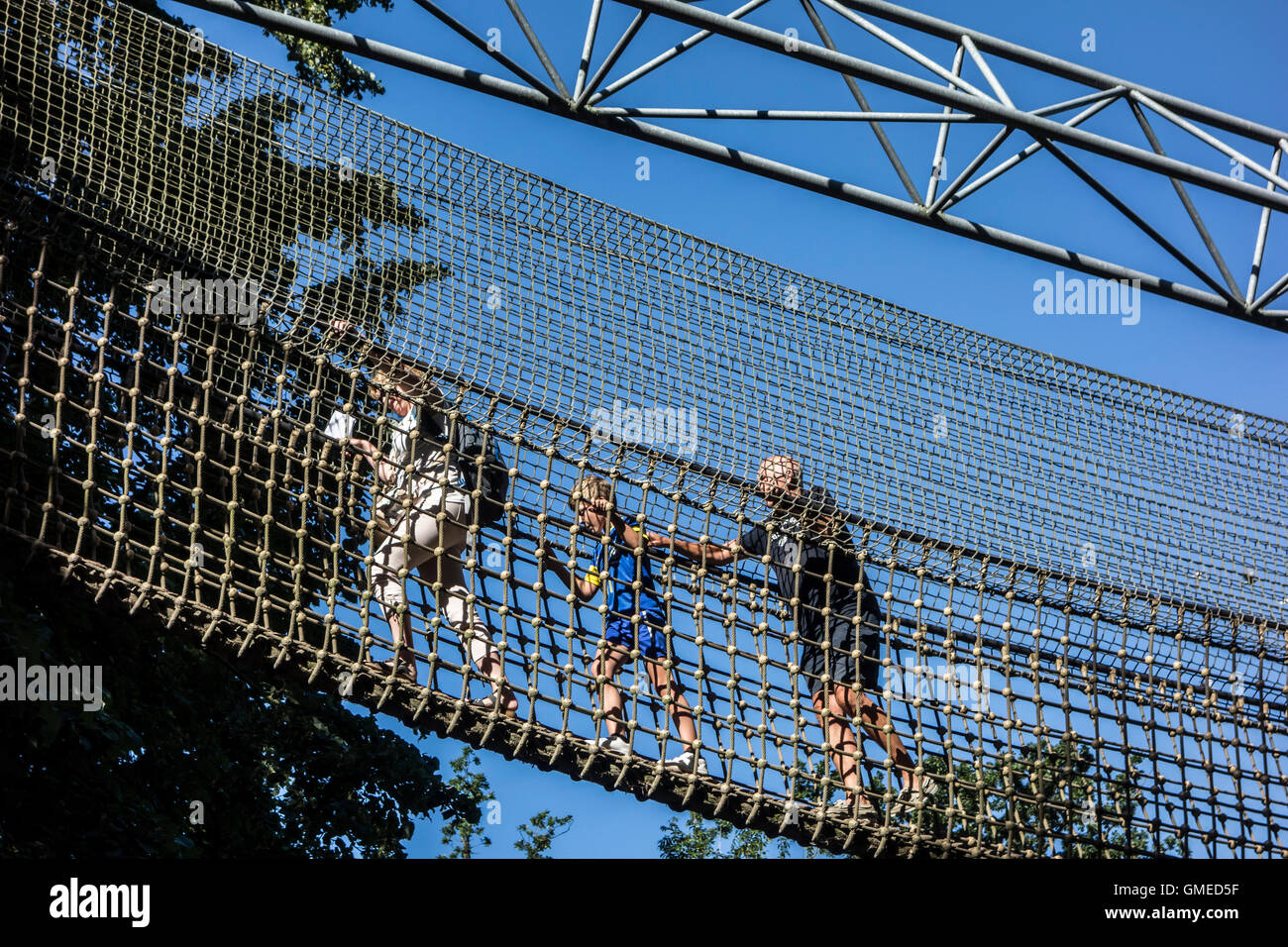 Kind mit den Großeltern zu Fuß über die Seilbrücke / swing Bridge / Brücke auf Canopy-Tour im Abenteuerpark im Sommer ausgesetzt Stockfoto