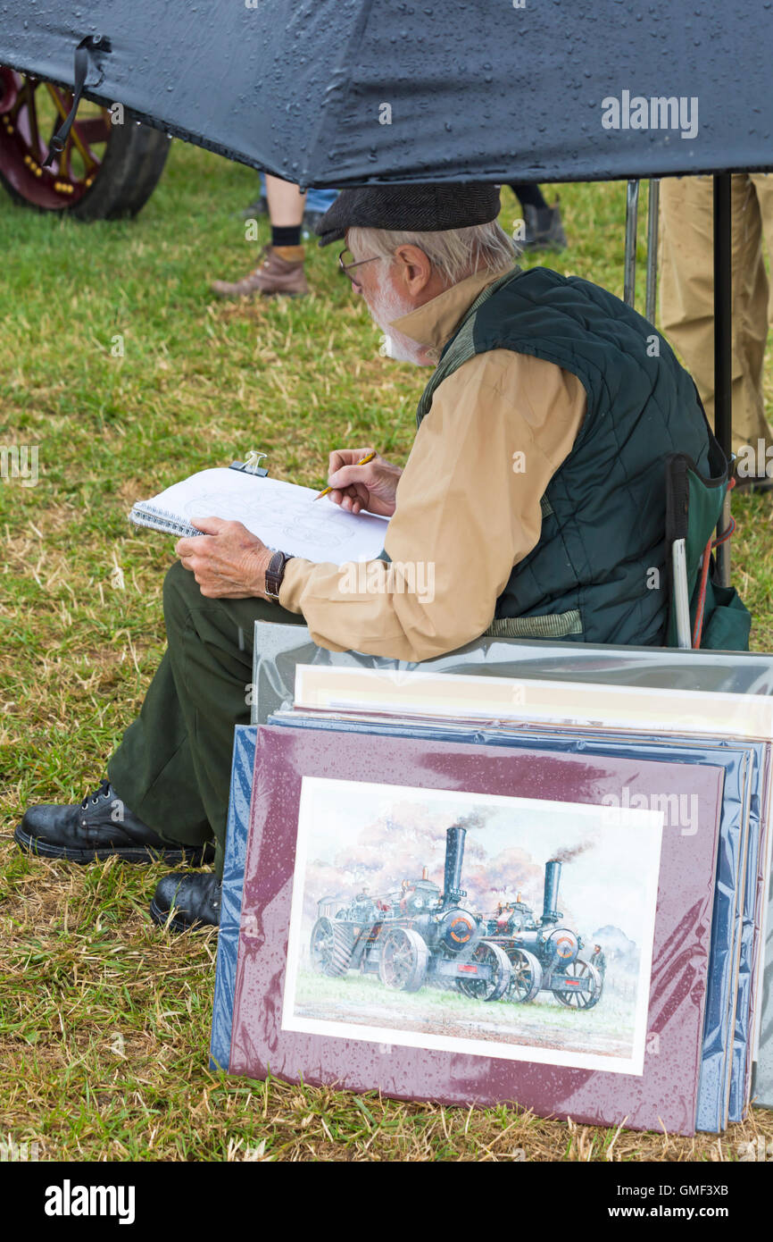 Tarrant Hinton, Blandford, Dorset, UK. 25. August 2016. Besucher strömen nach Tarrant Hinton für den ersten Tag des Great Dorset Steam Fair. Die Veranstaltung läuft noch bis Montag und ist 200.000 Besucher erwartet mit dem Ausstellungsgelände mit mehr als 600 Hektar. Skizzieren des Dampfs Motor während schützt vor Regen und Nässe Credit: Carolyn Jenkins/Alamy Live News Stockfoto