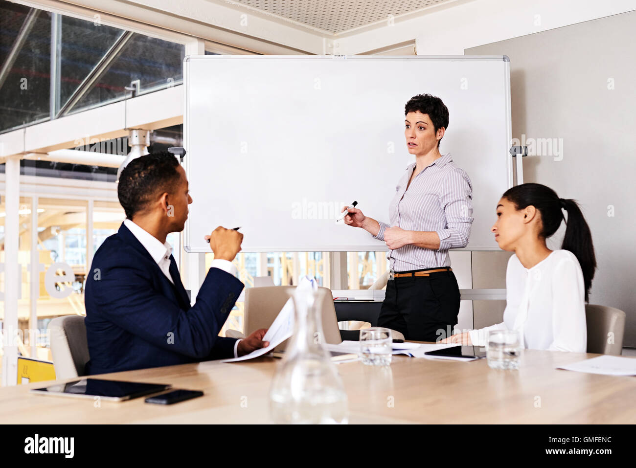 Reife kaukasischen Geschäftsfrau hält einen Vortrag zum Vorstandskollegen Stockfoto