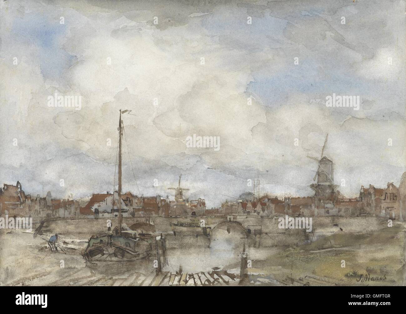 Blick auf eine Stadt, Jacob Maris, um 1860-1890, niederländische Malerei, Aquarell. (BSLOC 2016 1 101) Stockfoto