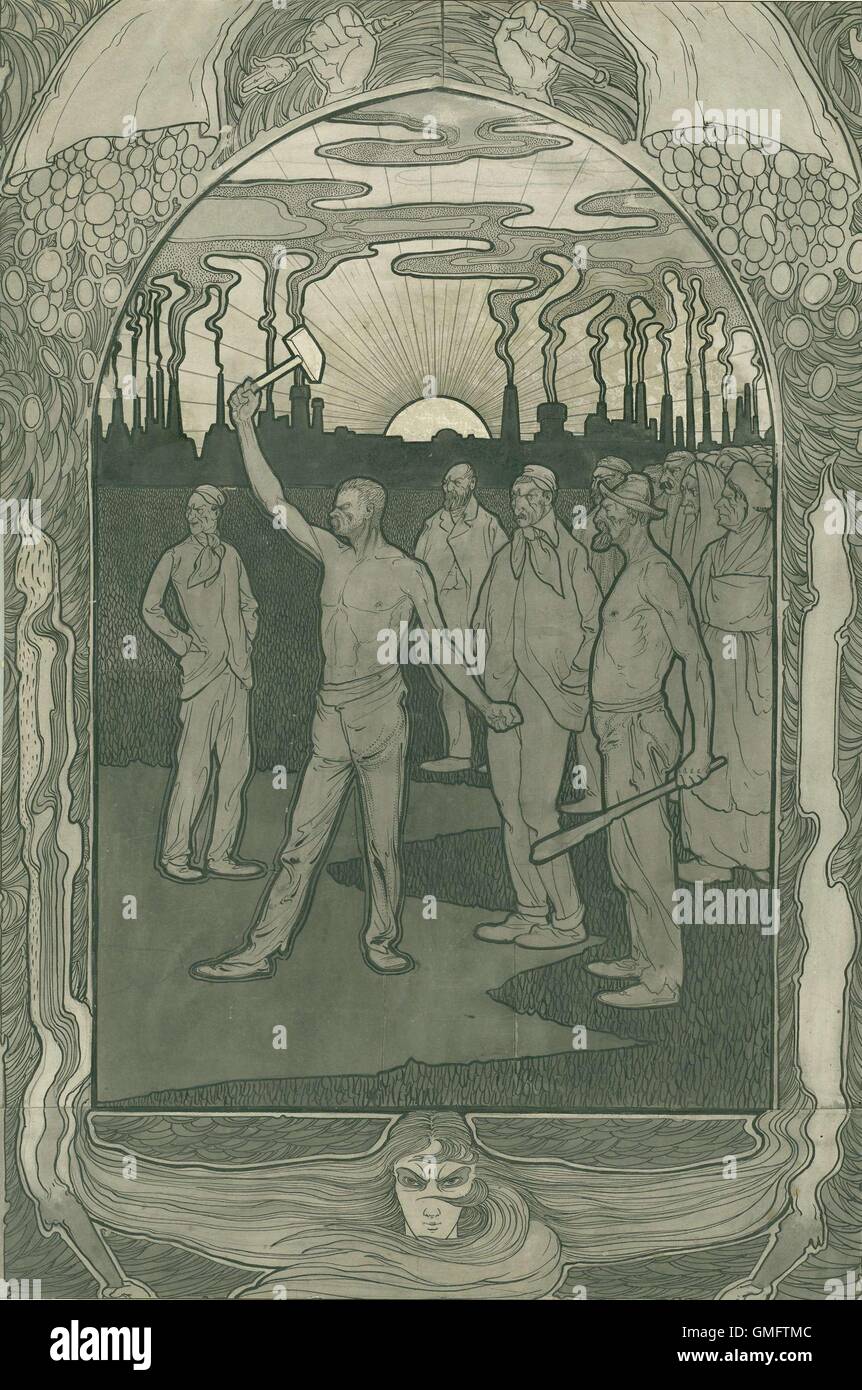 Arbeiter aller Länder vereinigen, von Jan de Waardt, 1990. Holländische Art Nouveau Zeichnung auf Karton. Im mittleren Fenster ist ein Mann, bis zur Taille, mit einem weißen Hammer in seiner erhobenen rechten Hand abgestreift. Ein weiterer Mann in der Gruppe hält einen Holzknüppel. Hintergrund ist gefüllt mit Industrieschornsteine Rauch ausstoßen. In der Grenze Münzen fällt aus Geldbeutel. (BSLOC 2016 1 13) Stockfoto