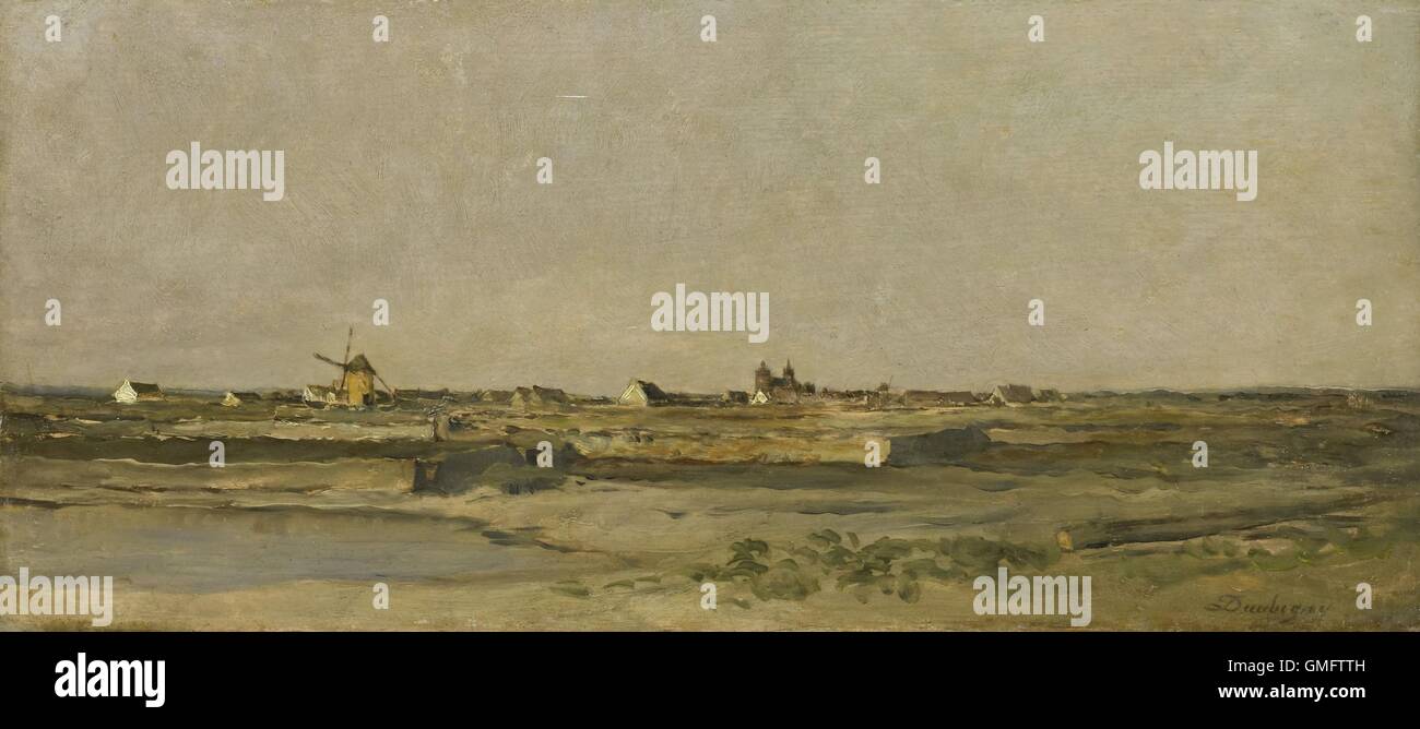 Landschaft, durch Charles François Daubigny, 1840-78, französische Malerei, Öl auf Holz. Flachen Küstenebene mit Windmühle und entfernten Dorf. (BSLOC 2016 1 158) Stockfoto