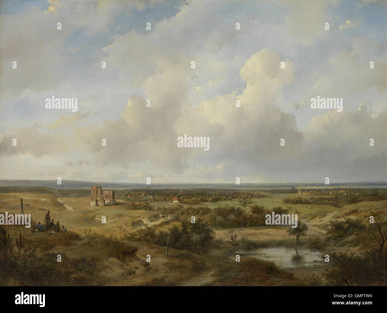 Blick auf Haarlem von Andreas Schelfhout, 1844, niederländische Malerei, Öl auf Holz. Landschaft ist im 17. Jahrhundert Stil, inspiriert von Jacob Ruisdael gemalt. (BSLOC 2016 1 171) Stockfoto