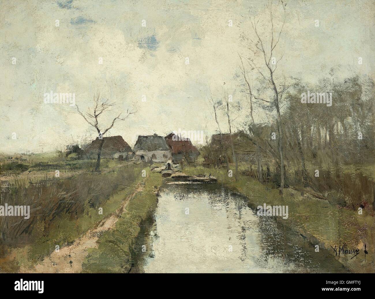 Ferienhäuser in der Nähe von einem Graben, von Anton Mauve, 1870-88, niederländische Malerei, Öl auf Leinwand. Polderlandschaft in das tief liegende Land zurückgefordert Stockfoto