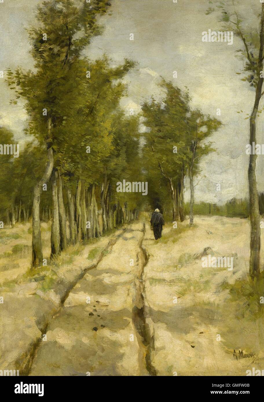 Torenlaan Laren, von Anton Mauve, 1886, niederländische Malerei, Öl auf Leinwand. Eine Frau kommt auf einem baumbestandenen, Rad ausgefahrenen Feldweg. Stockfoto
