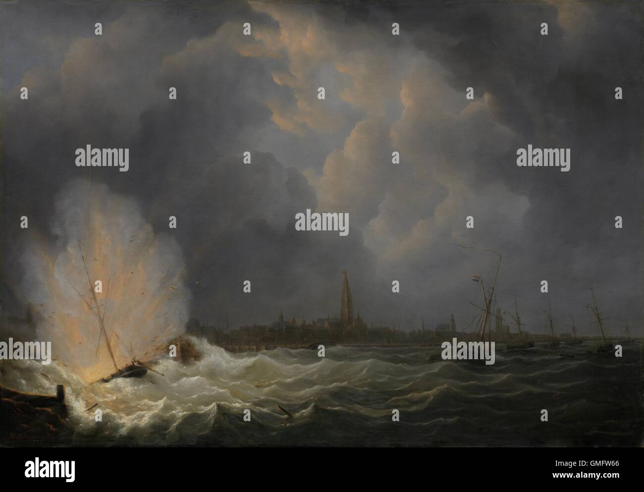 Die Explosion der Kanonenboot nr 2, unter Kommando von Jan van Speijk, aus Antwerpen, 5. Februar 1831, von Martinus Schouman, 1832, niederländische Malerei, Öl auf Holz. Ein Vorfall während der belgischen Revolution. (BSLOC 2016 1 234) Stockfoto