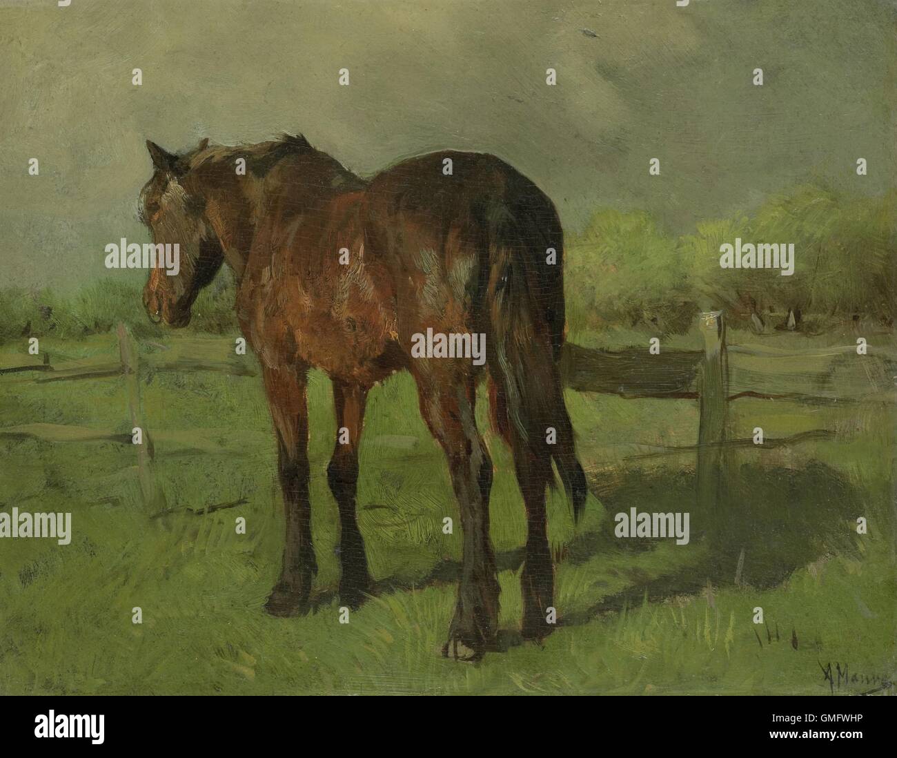 Pferd, von Anton Mauve, 1860-88, niederländische Malerei, Öl auf Leinwand. Ein altes Pferd steht auf einer eingezäunten Weide. (BSLOC 2016 1 304) Stockfoto