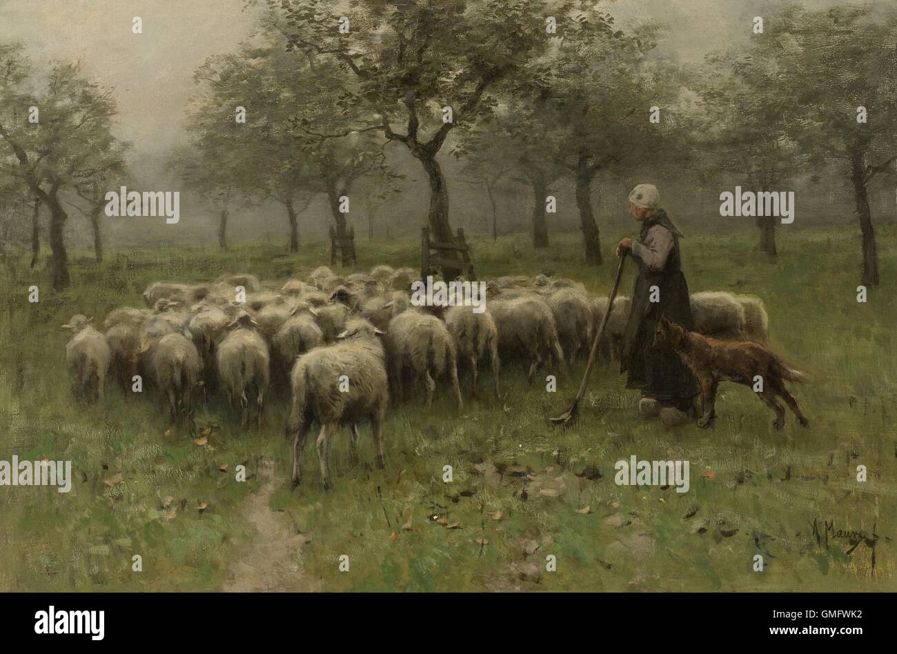 Schäferin mit einer Herde Schafe von Anton Mauve, c. 1870-88, niederländische Malerei, Öl auf Leinwand. Schafe und Hunde in einem Obstgarten. (BSLOC 2016 1 316) Stockfoto