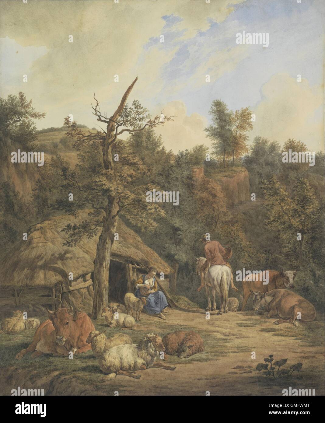 Schäfer, Schäferin und Vieh Ruhe durch eine verfallene Scheune, 1820-72. Niederländische Aquarell von Hendrik Abraham Klinkhamer und Adriaen van de Velde. (BSLOC 2016 1 5) Stockfoto