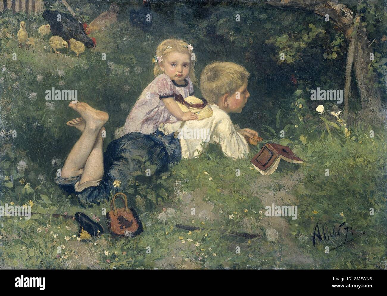 Die Schmetterlinge, von August Allebe, 1871, niederländische Malerei, Öl auf Holz. Ein Junge auf dem Rasen liegen, während Schmetterlinge beobachten. Begleitet wird er von einem blonden Mädchen. Nähe befindet sich eine schwarze Henne mit ihren Küken. (BSLOC 2016 1 57) Stockfoto