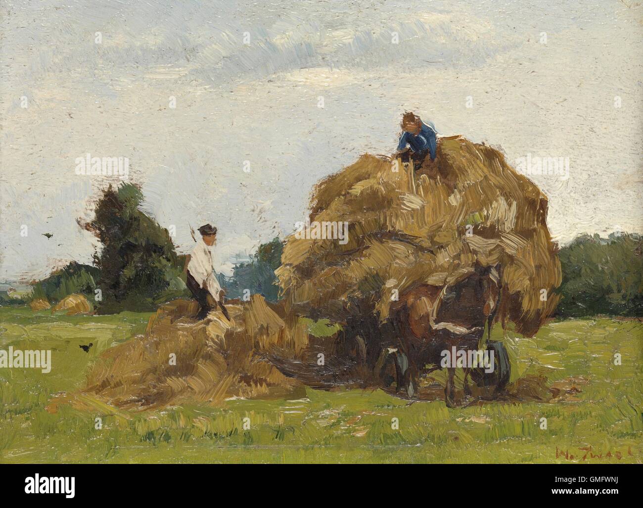 Daddy Langbein, durch Willem de Zwart, c. 1885-1910. Niederländische Malerei, Öl auf Holz. Zwei Bauern häufen Heu auf einem Heuwagen mit Pferd auf dem Feld. (BSLOC 2016 1 61) Stockfoto