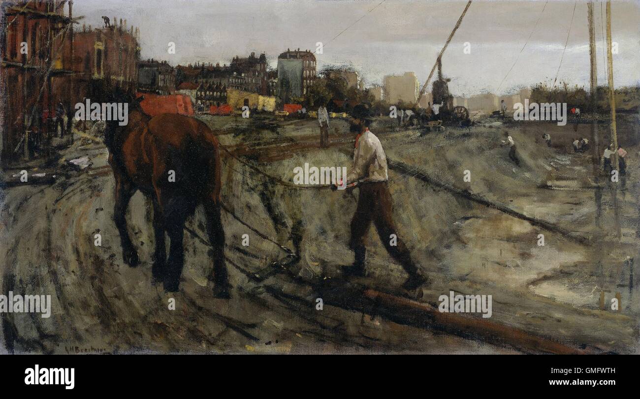 Baustelle, um 1900, Ölgemälde auf Leinwand, des niederländischen Künstlers George Hendrik Breitner. Beim Bau vor Ort nördlich von Overtoom in Amsterdam, einen Mann mit einem Pferd Pfähle eine Rampe hinauf zu ziehen. (BSLOC 2016 1 8) Stockfoto