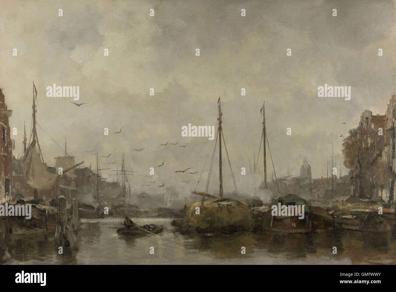Stadtbild von Jacob Maris, c. 1885-87, niederländische Malerei, Öl auf Leinwand. Blick auf den Hafen einer niederländischen Stadt mit Boote vertäut an der Stockfoto