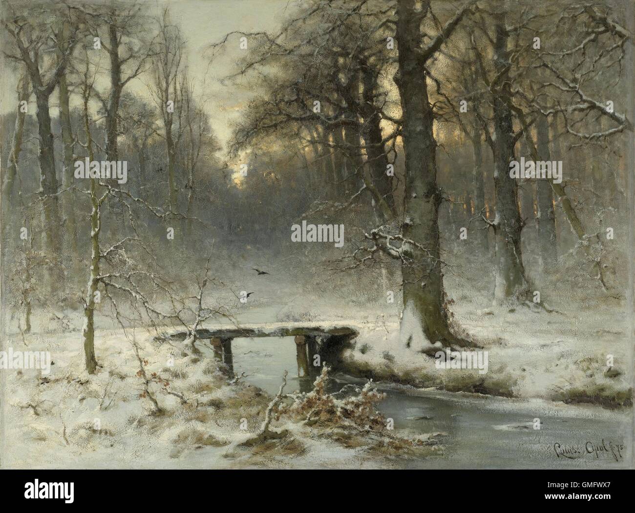 Ein Januar abends im Wald von den Haag, von Louis Apol, 1875, niederländische Malerei, Öl auf Leinwand. Winter-Szene mit Wald und Schnee bedeckte Brücke über einen Bach (BSLOC 2016 2 10) Stockfoto