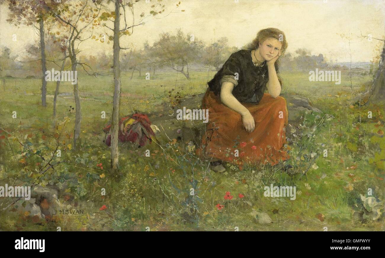 Flüchtling, von John Macallan Schwan, c. 1870-1910, Englisch, Malerei, Öl auf Leinwand. Junge Frau sitzt auf einem Felsen neben ihrem Bündel von Gegenständen (BSLOC 2016 2 115) Stockfoto