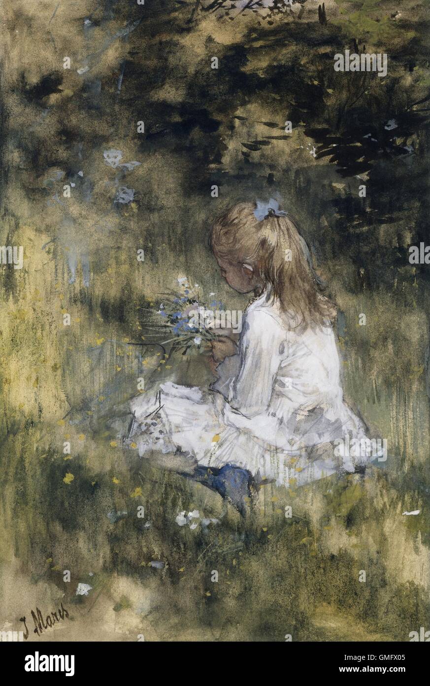 Mädchen mit Blumen auf dem Rasen, Jacob Maris, 1878, niederländische  Aquarell malen, zeichnen mit Kreide. Ein Mädchen in einem weißen Kleid auf  dem Boden sitzend, mit einem Bouquet von wilden Blumen. Das