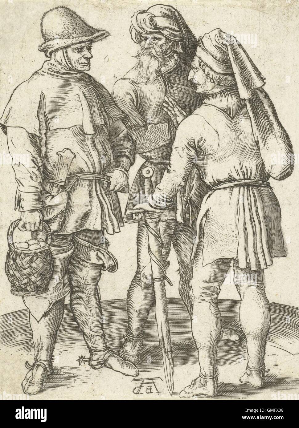 Drei Bauern im Gespräch, von Albrecht Dürer, deutscher Druck, Gravur. 1567 Kopie der ursprünglichen Durer von Abraham de Bruyn (BSLOC 2016 2 119) Stockfoto