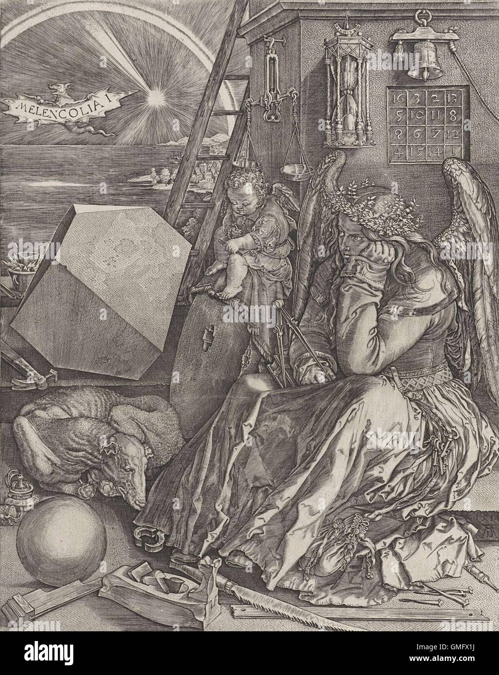 Melancholie, von Johannes Wierix nach Dürer, 1602, niederländischer drucken. Kopiert aus Durer Original von 1514. Die allegorische Figur des melancholischen Temperament als eine nachdenkliche geflügelte Frauengestalt. (BSLOC 2016 2 123) Stockfoto
