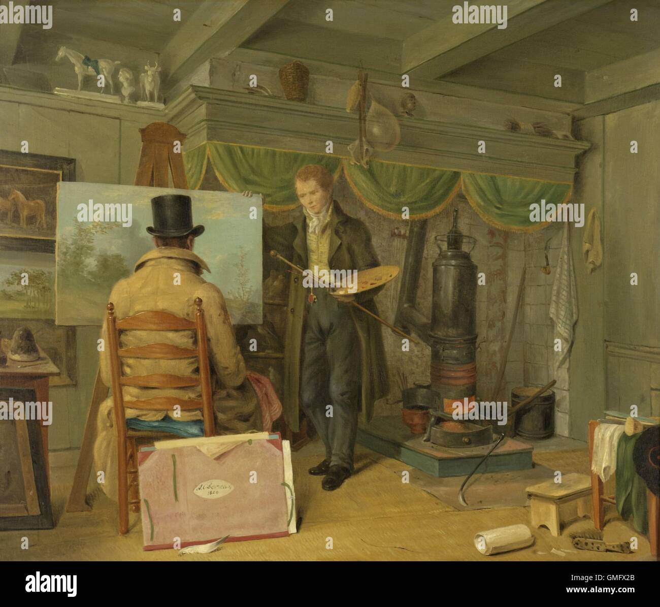 Der Künstler in seinem Atelier, von Anthony Oberman, 1820, niederländische Malerei, Öl auf Leinwand. Ein Besucher in das Atelier des Künstlers Studien eine Landschaftsmalerei. Im Studio gehören Gipsmodelle, einem Stößel, Pigmente, Schleifen und des Schweins Blase auf dem Kaminsims zur Speicherung von Ölfarbe (BSLOC 2016 2 128) Stockfoto