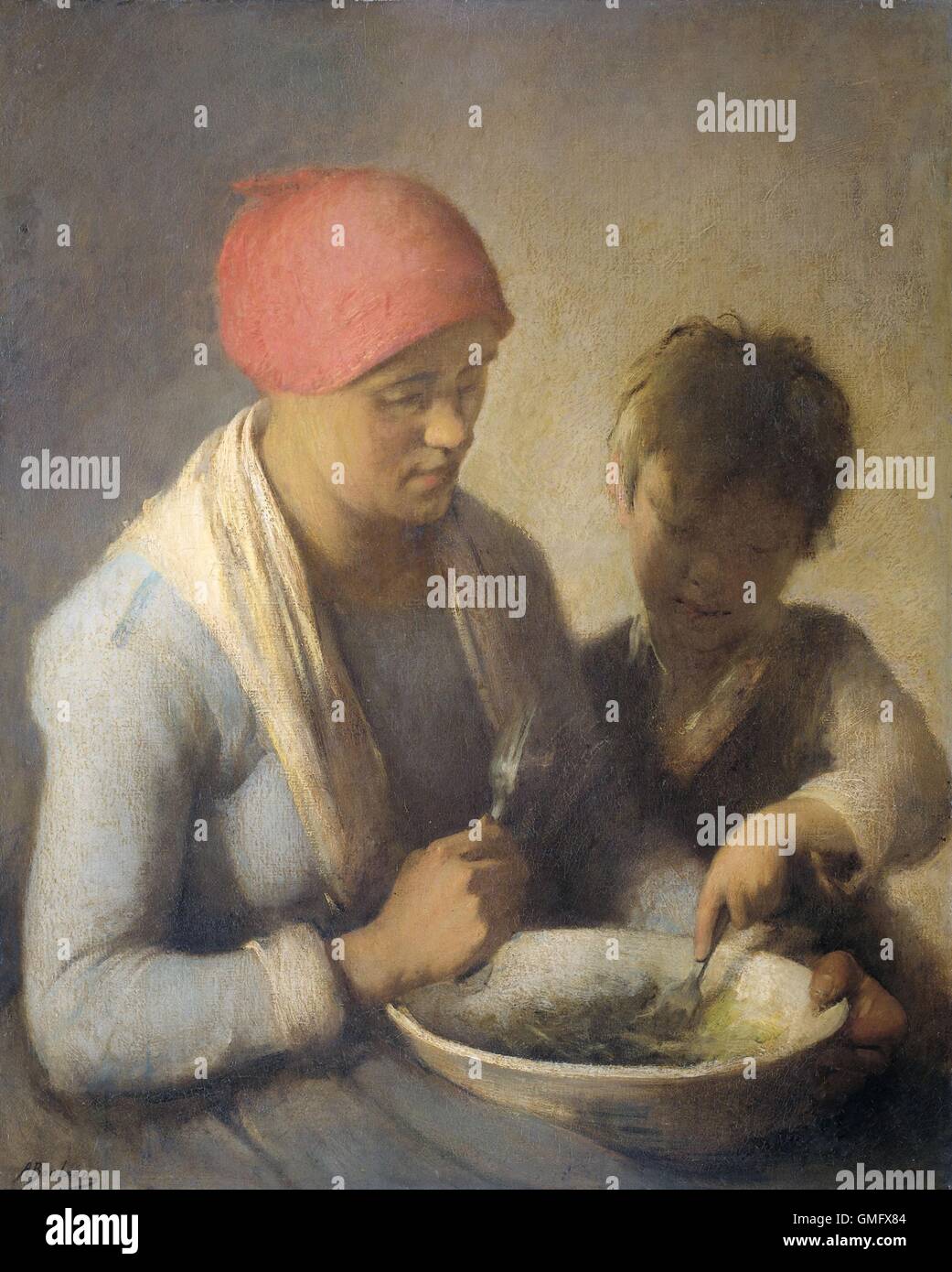 Das Essen von Auguste Boulard, c. 1850-92, niederländische Malerei, Öl auf Leinwand. Eine Bäuerin und ihr Kind essen gemeinsam aus einer großen Schüssel (BSLOC 2016 2 169) Stockfoto