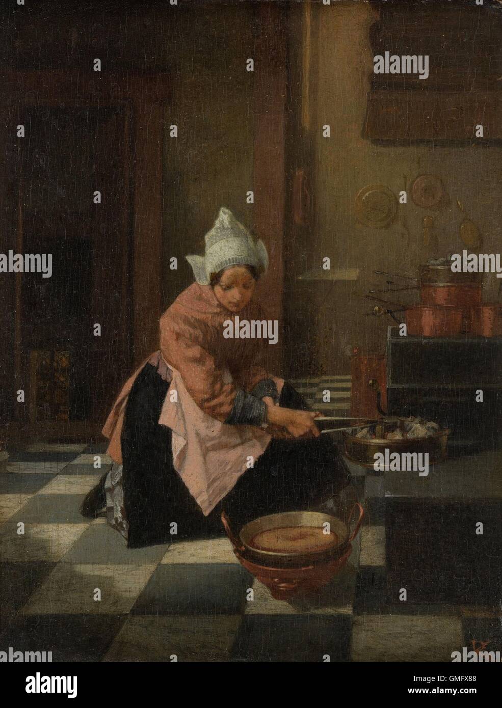 Die Waffle Baker, von Alexander Hugo Bakker Korff, c. 1850-82, niederländische Malerei, Öl auf Holz. Küche-Szene einer Frau mit einem Waffeleisen in der Hand. Unten ist eine Waffel Backen (BSLOC 2016 2 170) Stockfoto