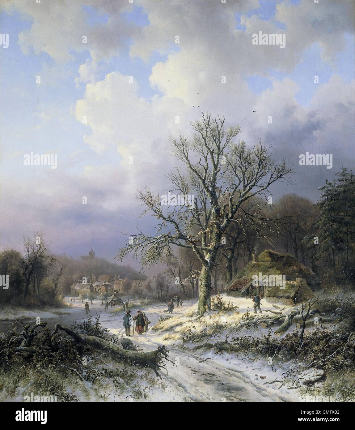 Schneelandschaft, durch Alexander Joseph Daiwaille, 1845, niederländische Malerei, Öl auf Leinwand. Städter Geselligkeit, Holz, Durchführung und Stockfoto