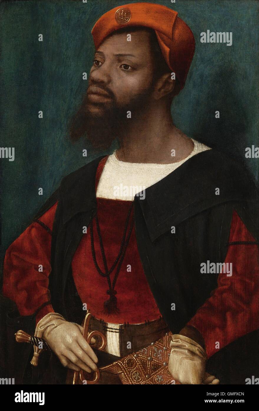 Porträt von einem afrikanischen Mann (Christophle le mehr) von Jan Jansz Mostaert, c. 1525-30, niederländischer Malerei, Öl auf Holz. Christophle le mehr war ein schwarzer Bogenschütze und Leibwächter von Kaiser Charles V (BSLOC 2016 2 200) Stockfoto