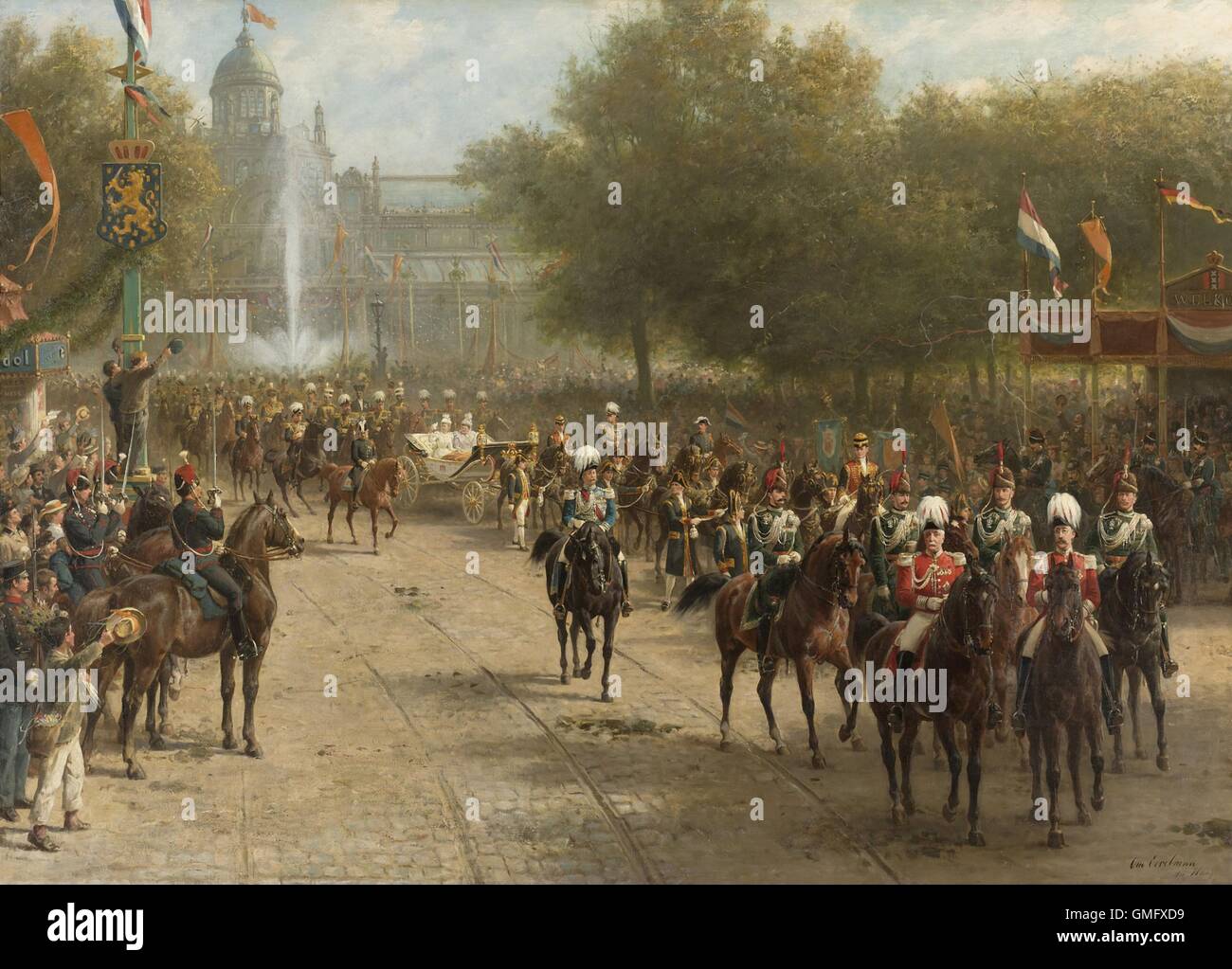 Frederiksplein in Amsterdam während der Ankunft von Königin Wilhelmina, 5. September 1898, von Otto Eerelman, 1898-1900, holländische Malerei, Stockfoto