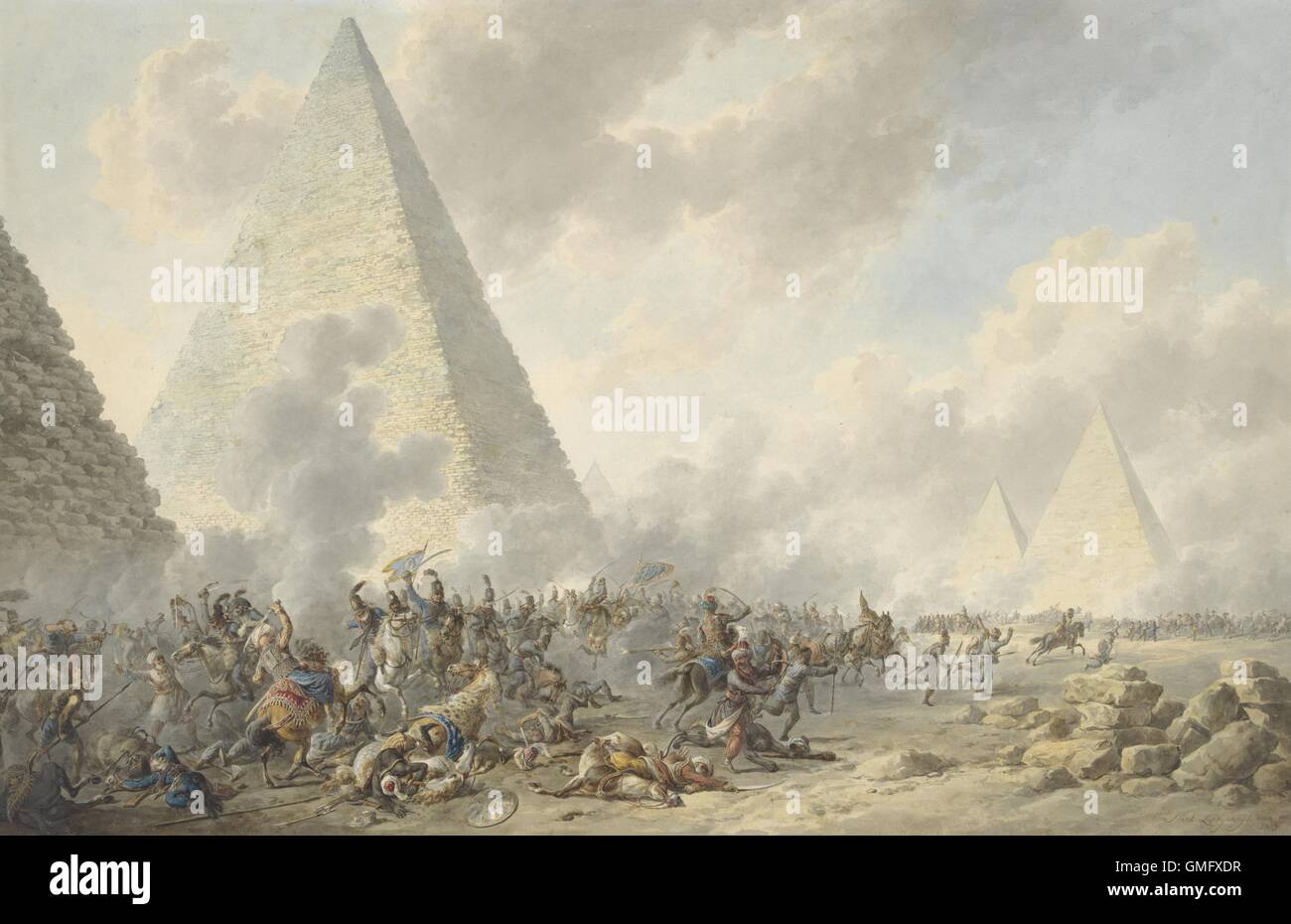 Schlacht bei den Pyramiden, Dirk Lagendijk, 1803, niederländische Aquarellmalerei. Im Jahr 1798 besiegte die französischen Armee Napoleons die ägyptischen Mamelucken (BSLOC 2016 2 212) Stockfoto