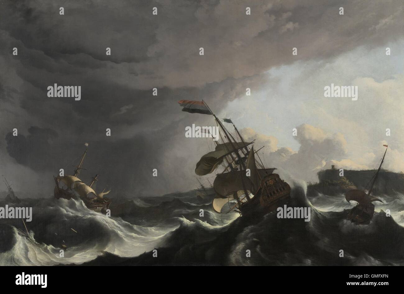 Kriegsschiffe in einem schweren Sturm von Ludolf Bakhuysen, c. 1695, niederländische Malerei, Öl auf Leinwand. Im Jahre 1694 begegnen niederländische Kriegsschiffe einen Sturm in der Straße von Gibraltar (BSLOC 2016 2 227) Stockfoto